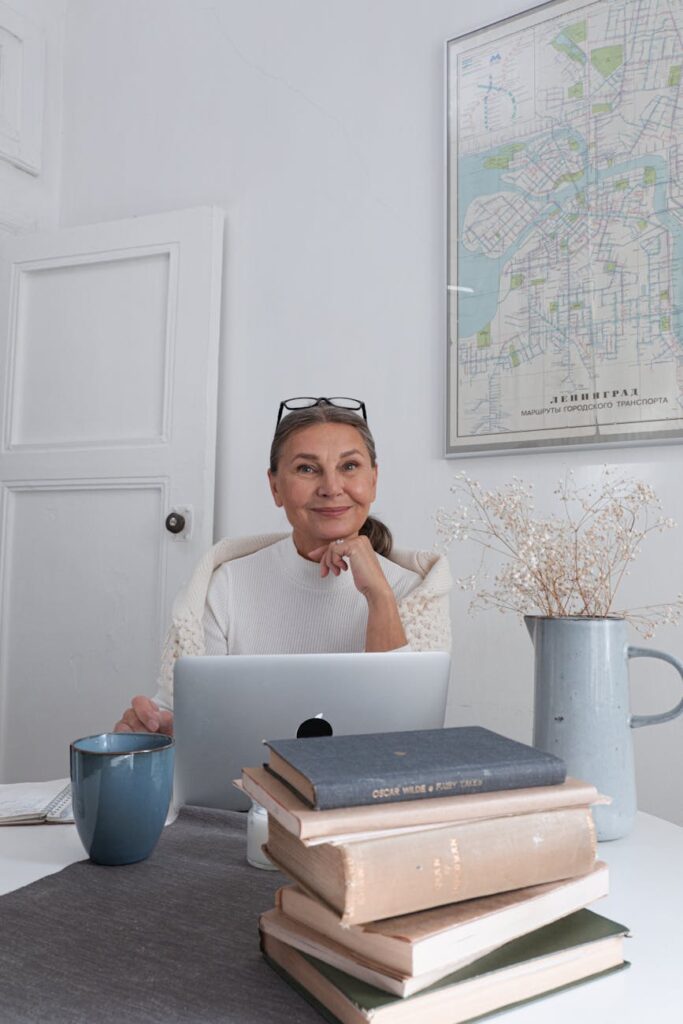 a woman sitting at the table