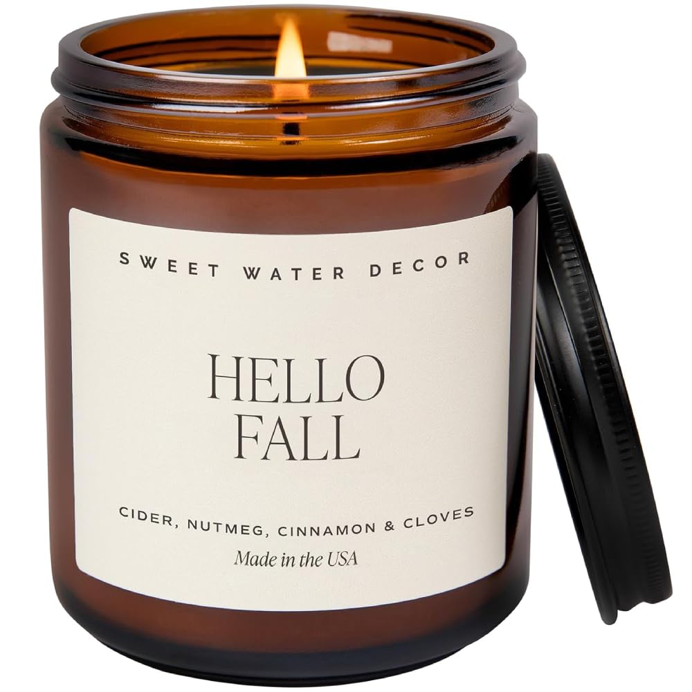 Sweet Water Decor Hello Fall Soy Candle | Hot Cider, Cinnamon, Cloves, Apple, and Nutmeg Scented Candles for Home 